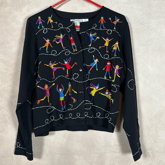 Michael Simon Sweaters - Michael Simon Embroidered Sweater Womens Medium Ice Skating Art to Wear Grandma